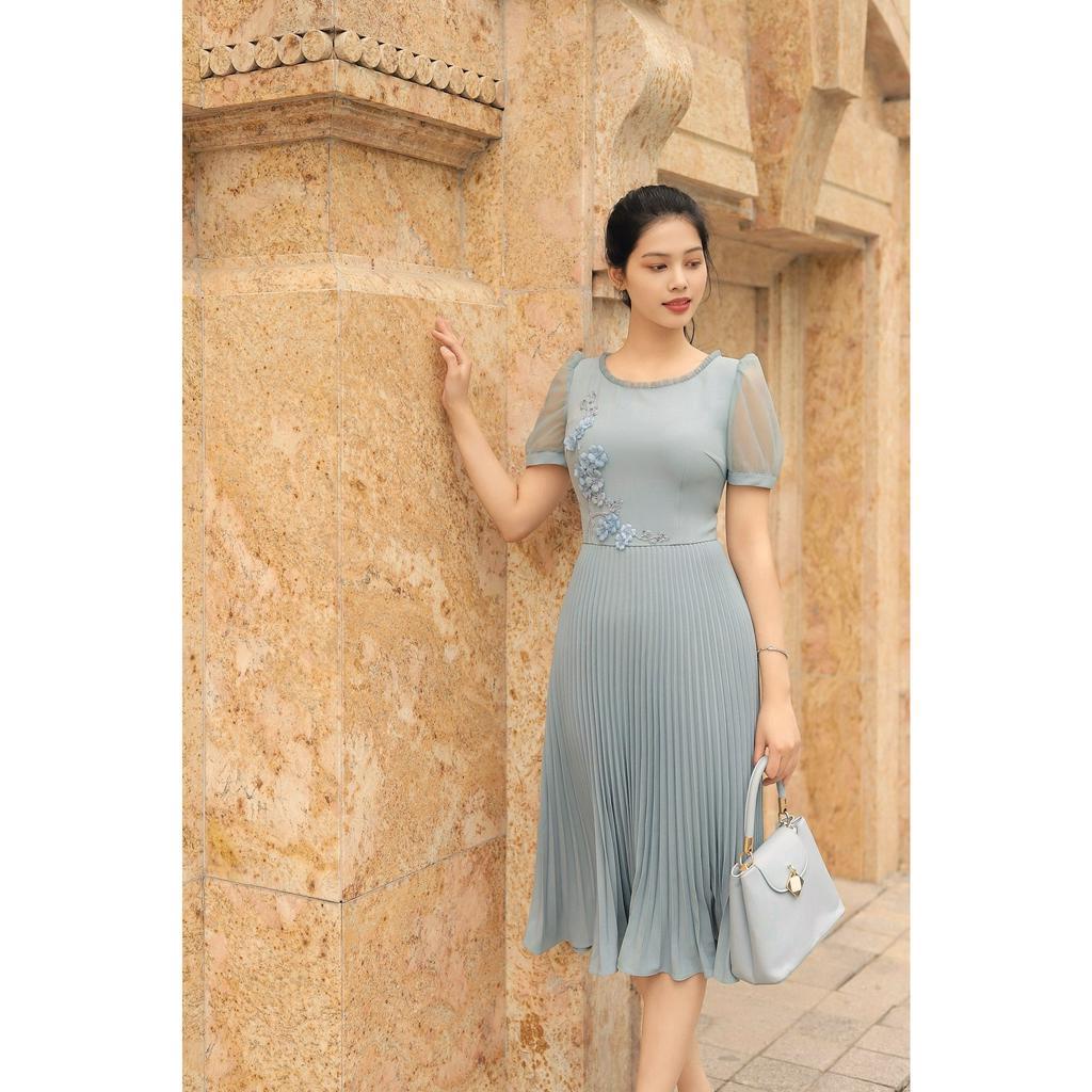 Đầm nữ thiết kế Hong Vic xanh ghi dập ly DL490