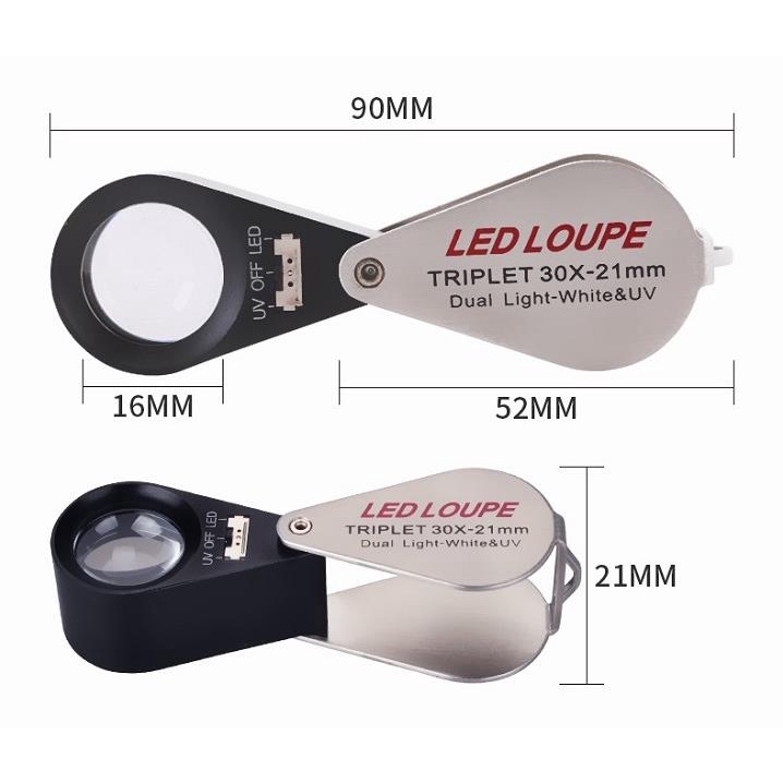 Kính lúp 30x móc khóa cao cấp gập mở tiện dụng, có đèn led siêu sáng