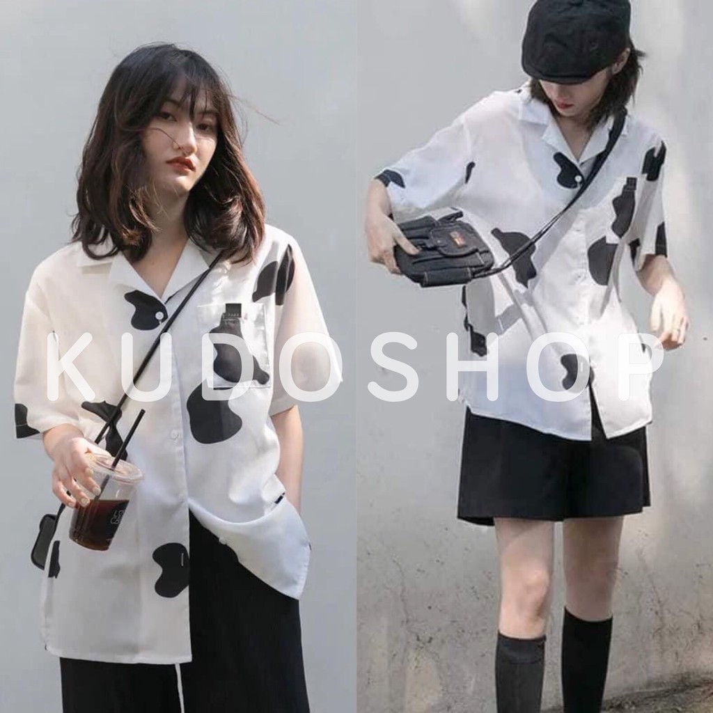 Áo sơ mi tay lỡ loang bò sữa unisex / Áo sơ mi loang bò sữa tay lỡ form thụng ulzzang