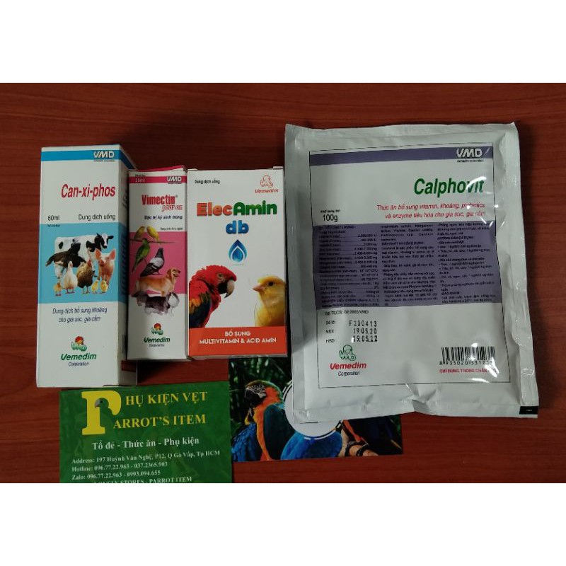 COMBO 1 canxiphos +1 calphovit +1 elecamin +1 vimectin chai 20ml (VEMEDIM) PHỤC VỤ CHIM,VẸT, YẾN PHỤNG