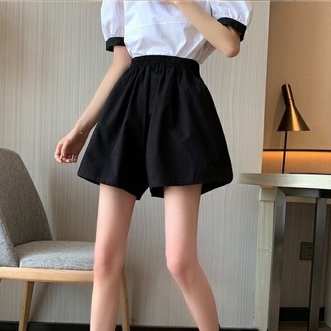 Quần Short Ống Rộng Lưng Cao Co Giãn Màu Đen Thời Trang Mùa Hè Cho Nữ