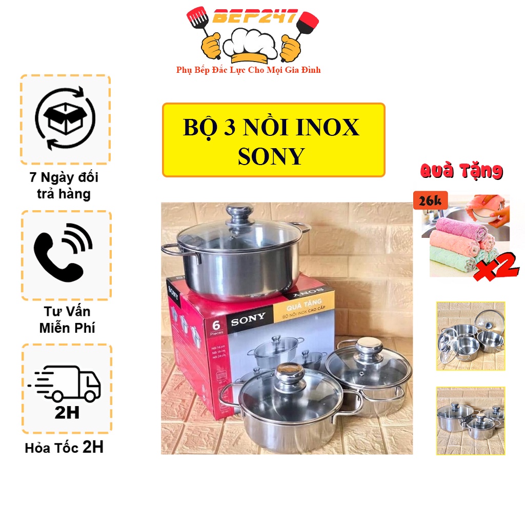 Bộ 3 Nồi Inox Sony Cho Mọi Loại Bếp, Nồi Inox Nắp Kính Dày 0.4mm - Bộ Nồi Sony, Nồi Đa Năng