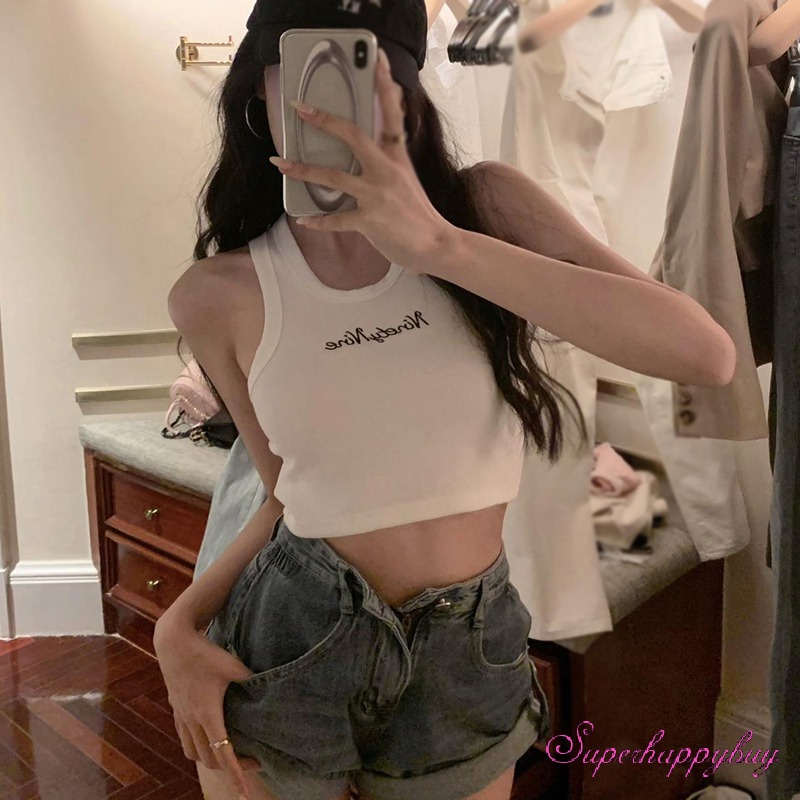 Áo Croptop Sát Nách Cổ Tròn Hoạ Tiết Chữ Thêu Cho Phái Nữ