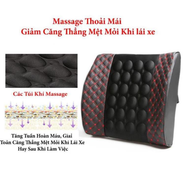 Đệm Tựa Lưng Massage bọc da trên xe oto- Màu Đen Chỉ Đỏ