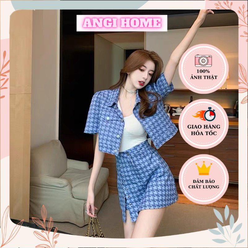 SET DẠ HÌNH THOI XANH : ÁO CROPTOP + CHÂN VÁY XANH + ÁO LÓT TRẮNG ANGI HOME