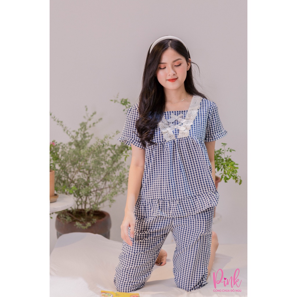 Đồ Bộ Pijama Nữ Họa Tiết Caro Xanh Tay Ngắn Quần Lửng Vải Kate Thoải Mái Thấm Hút Mồ Hôi Phong Cách Trẻ Trung Nữ Tính