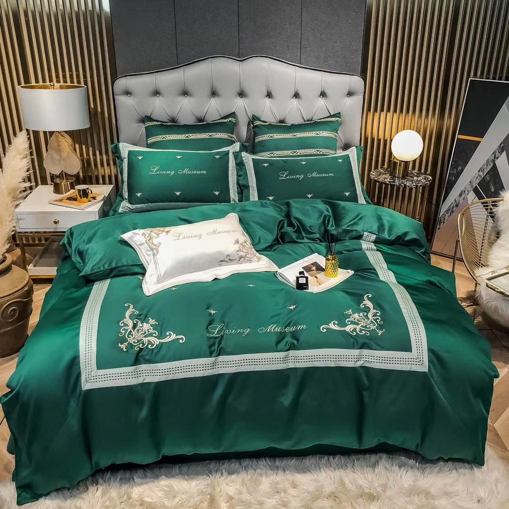 Bộ chăn ga gối lụa tencel 60s thêu tinh tế mẫu mới 2022 , Ga giường vỏ gối tencel chất liệu mềm mịn không nhăn không xù