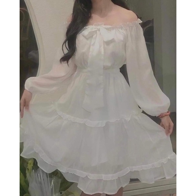 Váy trễ vai tiểu thư trắng 3 tầng nơ cổ nữ siêu dễ thương dự tiệc chất vải mềm mịn_VENUS | BigBuy360 - bigbuy360.vn
