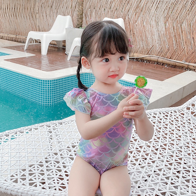 Áo tắm cho bé gái Thiết kế Hàn Quốc dễ thương cung tiên cá mũ băng đô cầu vồng Bộ đồ bơi Quần áo trẻ em Quần áo bơi AKKU