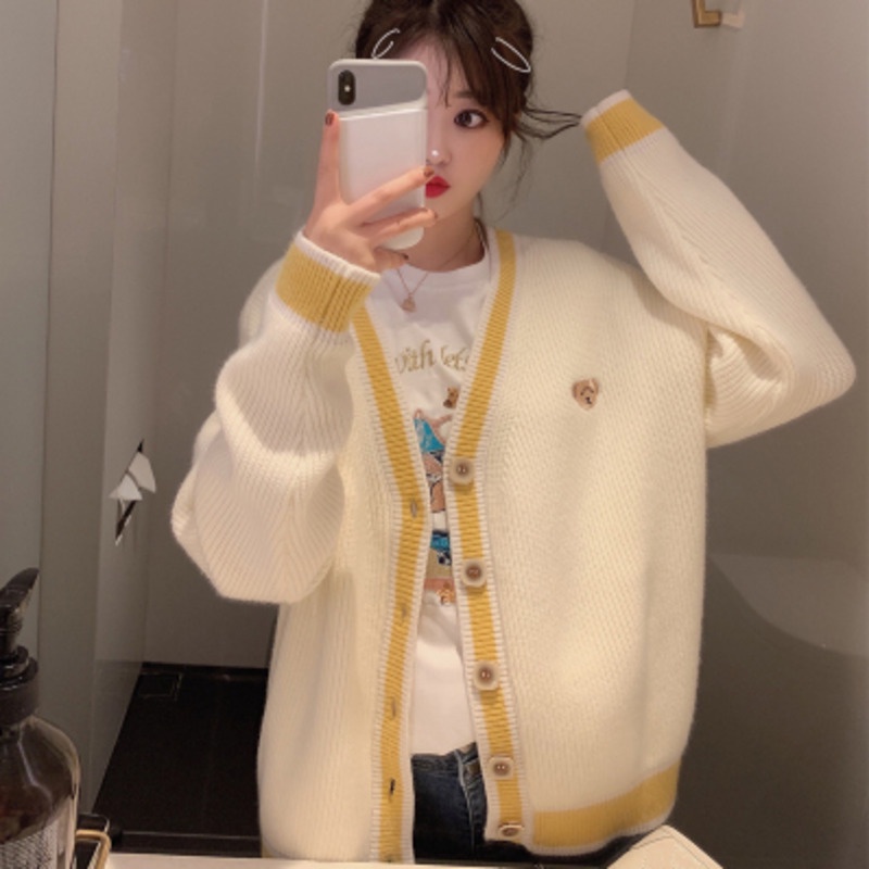Áo khoác cardigan dệt kim cổ chữ V tay dài form rộng màu sắc thời trang thu đông phong cách Hàn Quốc cho nữ