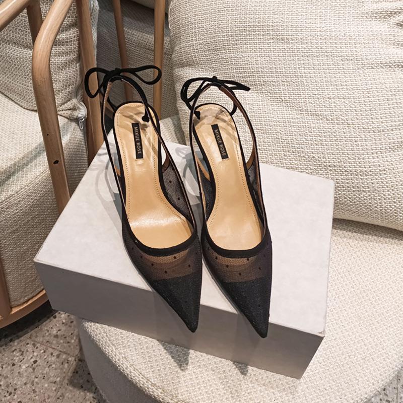 Giày Cao Gót Mũi Nhọn Cột Dây Hở Lưng Họa Tiết Chấm Bi Phong Cách Pháp 2022 Thời Trang Cho Nữ