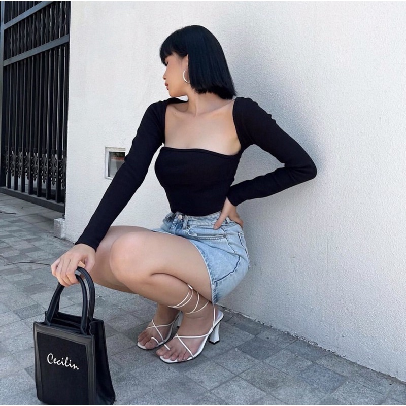 Áo Croptop Cổ Vuông Ôm Body Tay Dài Quyến Rũ