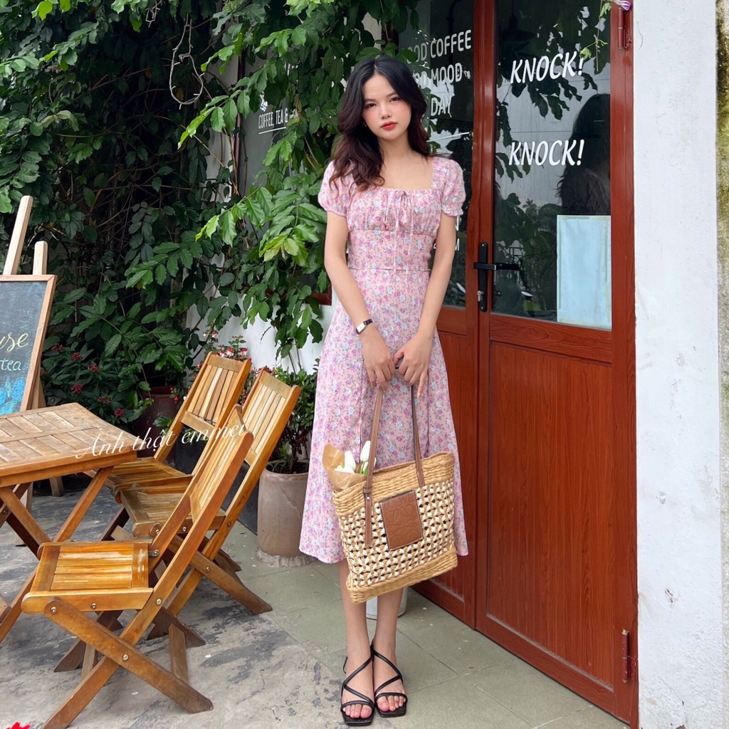 Đầm hoa nhí vintage, Đầm hoa cổ vuông xẻ tà Emmei v84