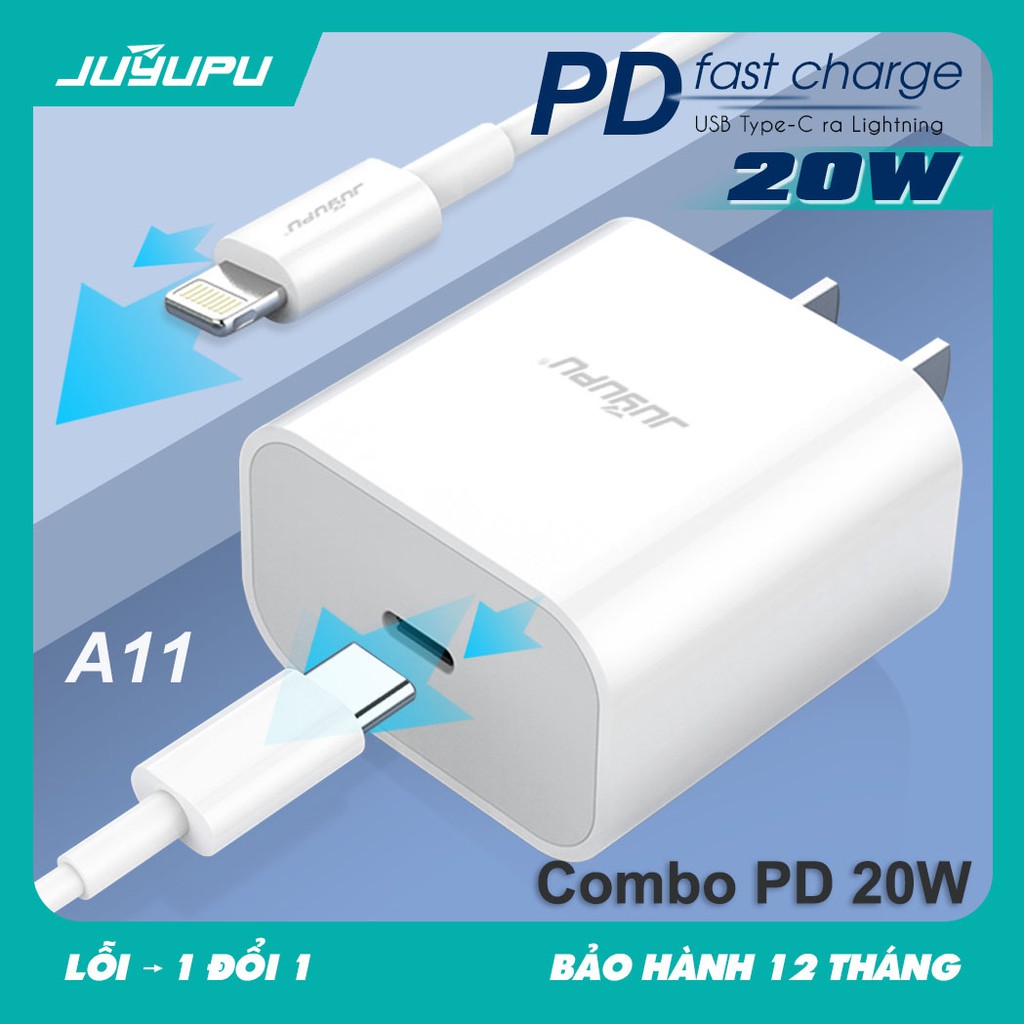 Bộ sạc nhanh iPhone 20W JUYUPU A11 Combo PD 20W, UC01(PD18W+QC 3.0) 2 Cổng Đầu Ra USB Và Type-C,Cho iPhone 12 11 XS X XR