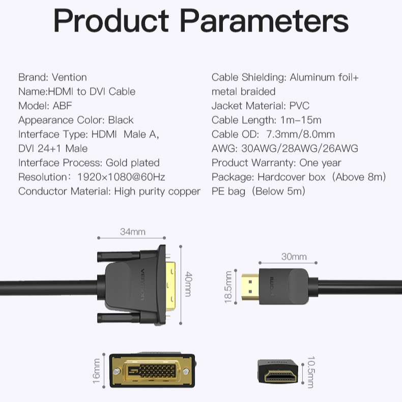 Vention HDMI To DVI Cable 1m DVI-D 24+1 Pin Support 1080P 3D Speed HDMI Cable