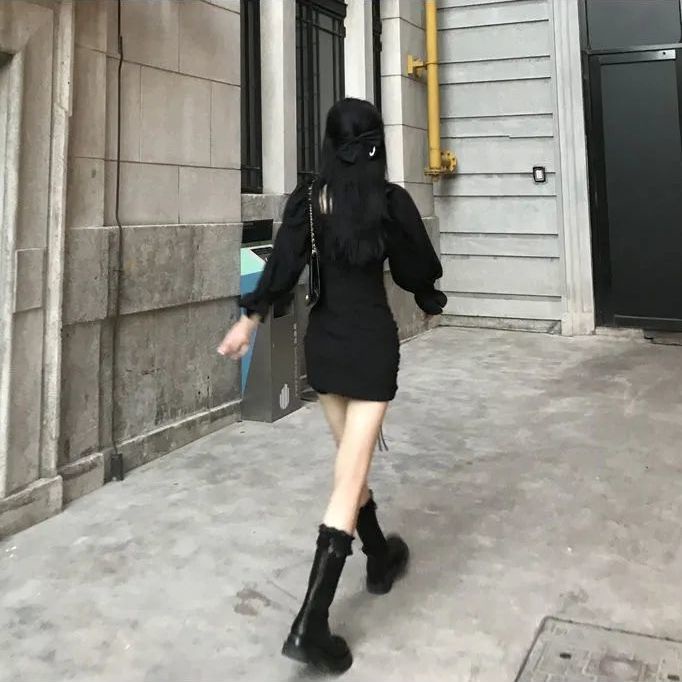 COZOK Đầm tay dài cổ vuông ôm eo phong cách retro