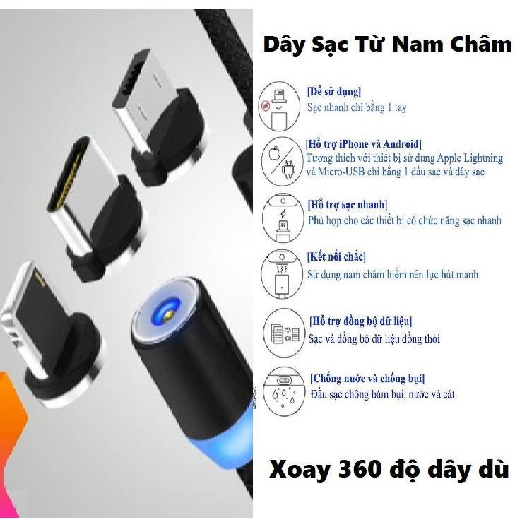 DÂY SẠC NAM CHÂM 3 ĐẦU LỰC HÚT SIÊU MẠNH DÀI 1M