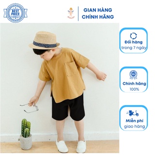 Bộ cộc tay vải đũi có túi ngực, quần đùi cho bé đi chơi, đi học