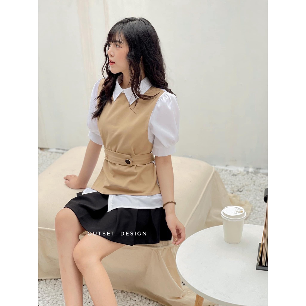 [Mã FAMARAL1 giảm 10K đơn 50K] ÁO SƠ MI CỔ ĐỨC PHỐI ĐAI EO CÚC ĐỒNG