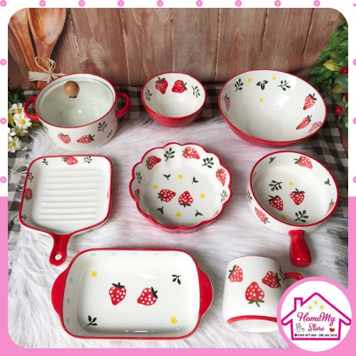 Set Bát Đĩa Dâu Tây 7 món, Set Bát Đĩa Decor Dễ Thương HomeMyStore