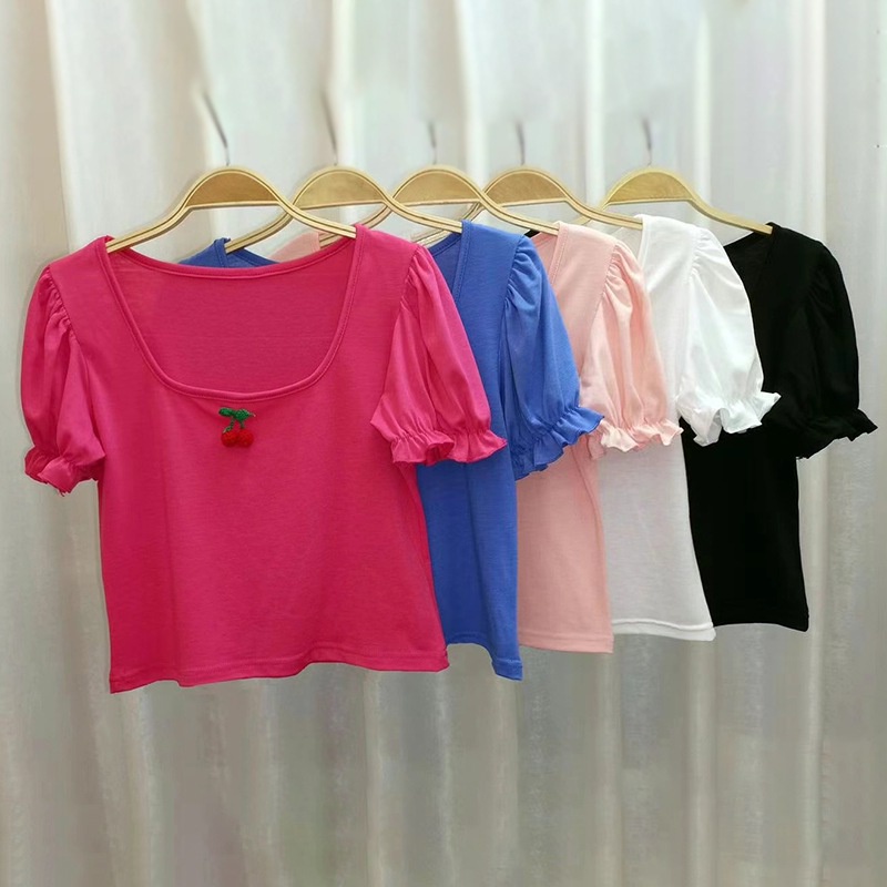 Áo Thun Crop Top Tay Ngắn Phồng Cổ Tròn In Họa Tiết Quả Anh Đào Thời Trang Mùa Hè Phong Cách Hàn Quốc Cho Nữ