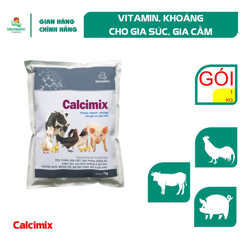 Vemedim Calcimix Cung cấp calci, vitamin và khoáng cho gia súc, gia cầm, gói 1kg