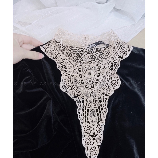 ÁO NHUNG ĐEN TAY BỒNG PHỐI REN CỔ CHO NỮ