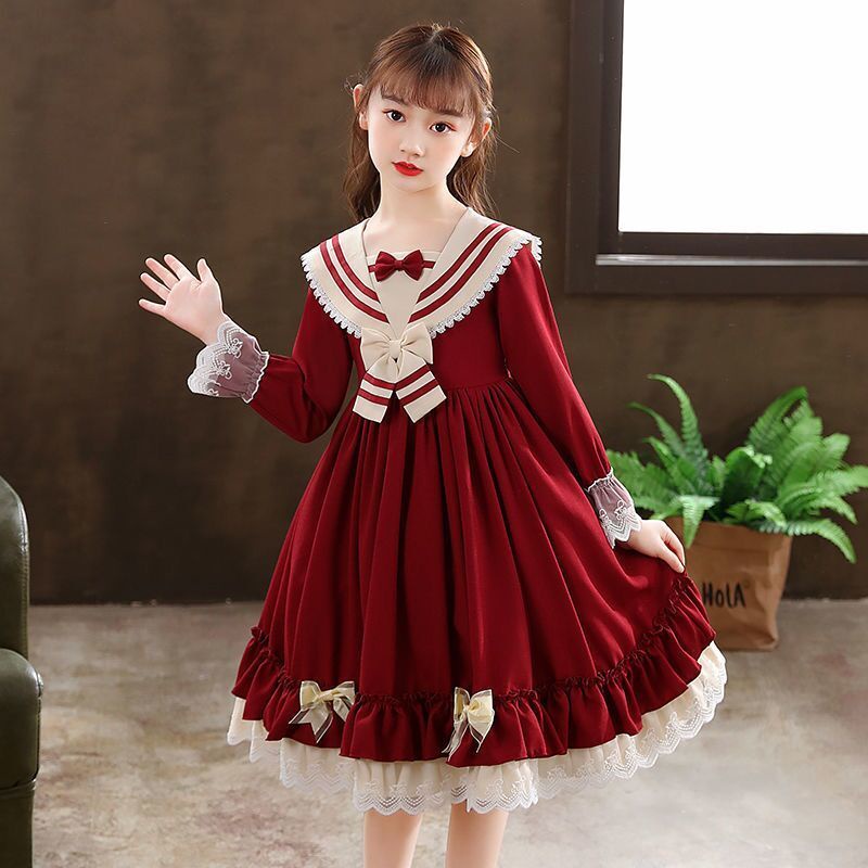 Đầm công chúa lolita tay dài đính nơ thời trang mùa thu 2021 cho bé gái