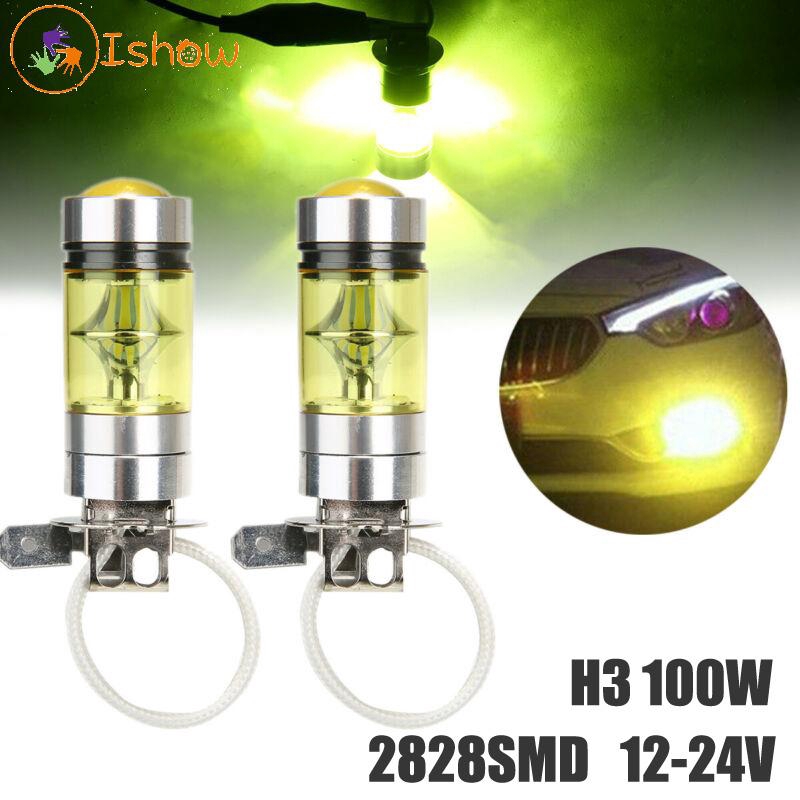 Set 2 Bóng Đèn Led Siêu Sáng 12-24v H3 100w 2828smd Bằng Hợp Kim Nhôm Màu Vàng Dành Cho Ô Tô