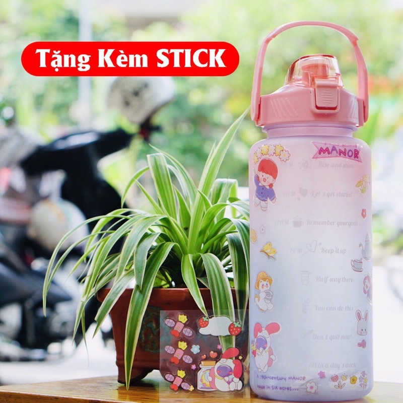 Bình nước 2 lít SUNHOME tặng Sticker cho người lười, bình đựng nước cho bé cute 2000ml có ống hút, vạch chia giờ