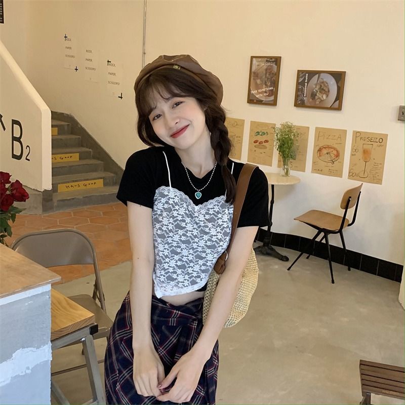 Áo thun IELGY tay ngắn cổ tròn phối lớp ngoài phong cách độc đáo dành cho nữ