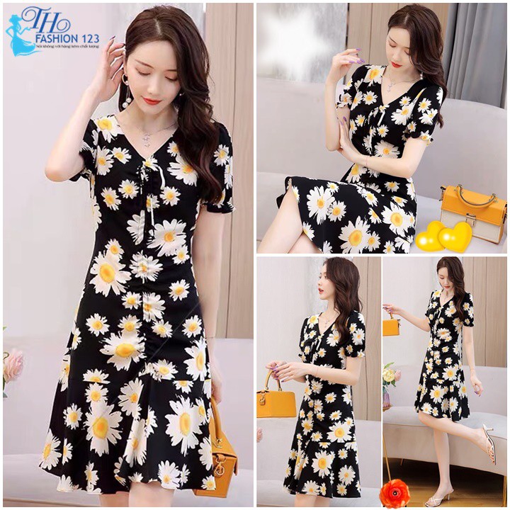 Váy nữ cổ V tay ngắn đầm ho dự tiệc công sở dạo phố TH703