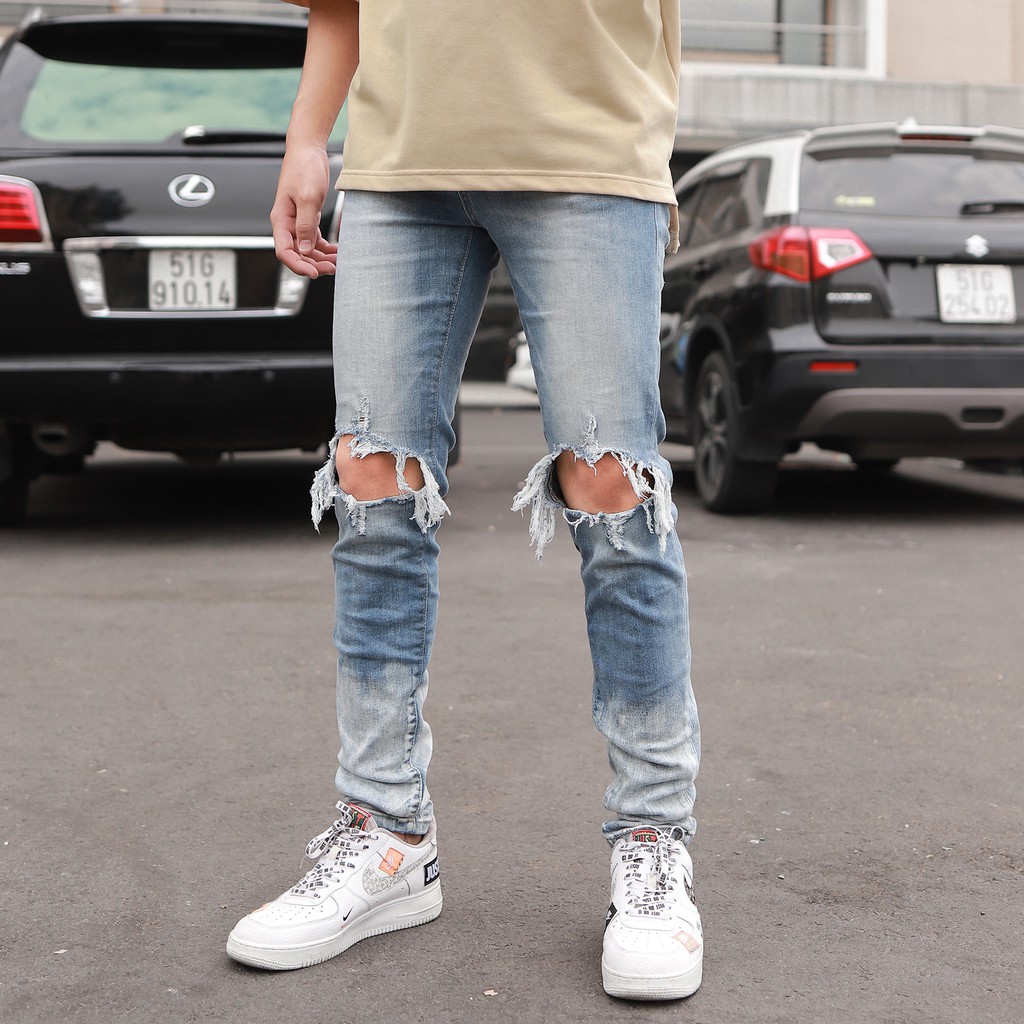 Quần Skinny Jeans Nam-Màu Xanh Phối Vệt Sơn Trắng-Rách Gối-Chất Liệu Cotton Co Giãn-Ống Đứng Dáng Ôm Chân Chuẩn Skinny