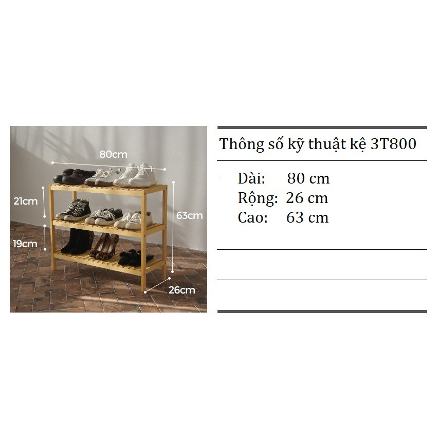 KỆ GỖ ĐỂ GIÀY DÉP 3 TẦNG 80 cm - Dài 80 x Cao 63cm