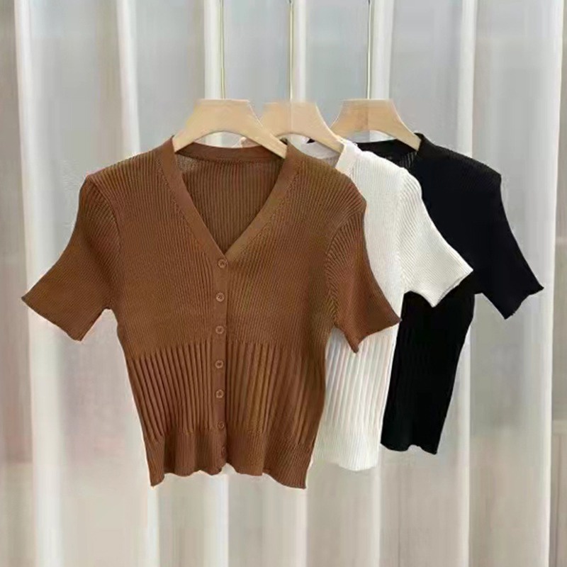 Áo Cardigan Dệt Kim Tay Ngắn Cổ Chữ V Màu Sắc Trơn Thời Trang Mùa Hè Dành Cho Nữ