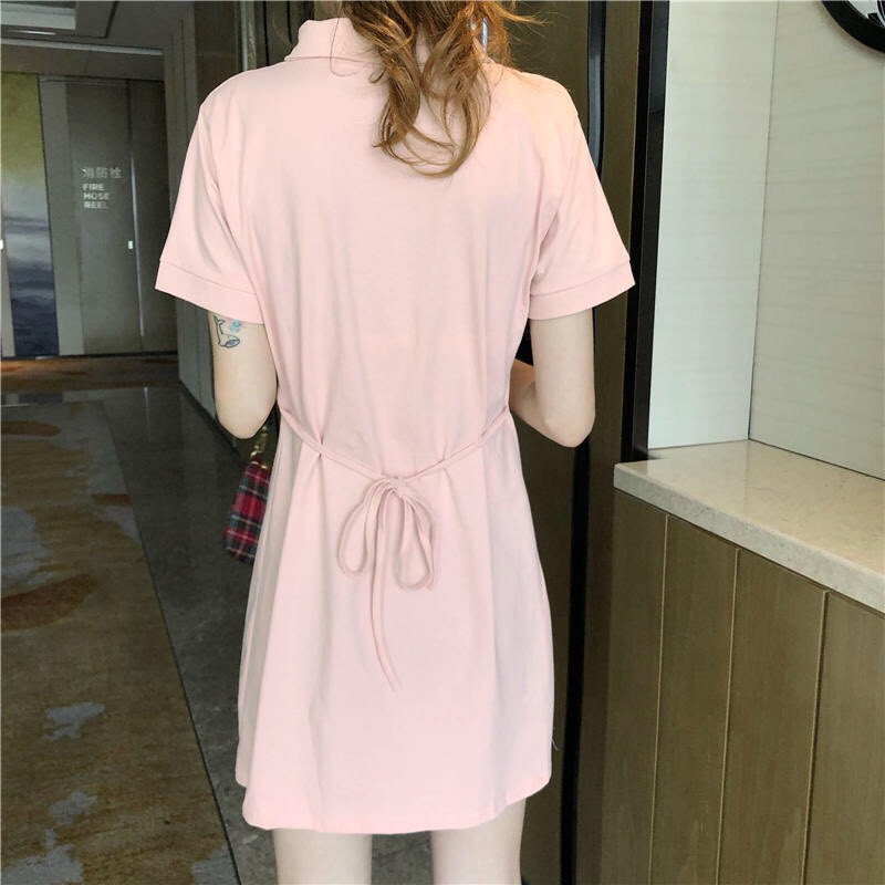 Váy suông polo cổ bẻ hồng dây buộc cho nữ Yoomeclothing [ ẢNH THẬT SHOP CHỤP]
