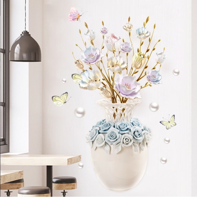 Decal giấy dán tường - bình Hoa mẫu đơn 3D sang trọng cho nhà