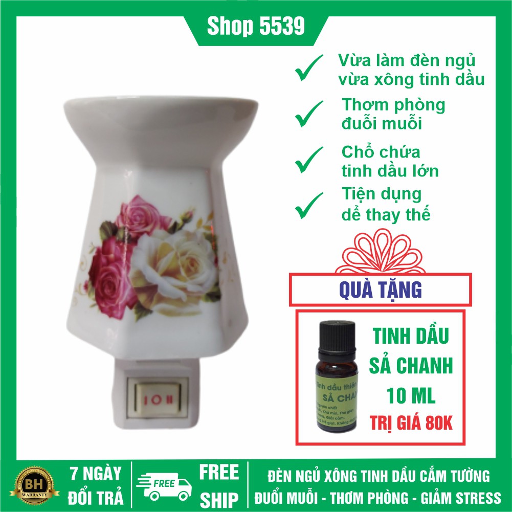 Đèn ngủ xông tinh dầu ⚡️ TẶNG TINH DẦU ⚡️ Đèn ngủ xông tinh dầu mini bằng sứ tặng kèm chai tinh dầu sả chanh 10 ml