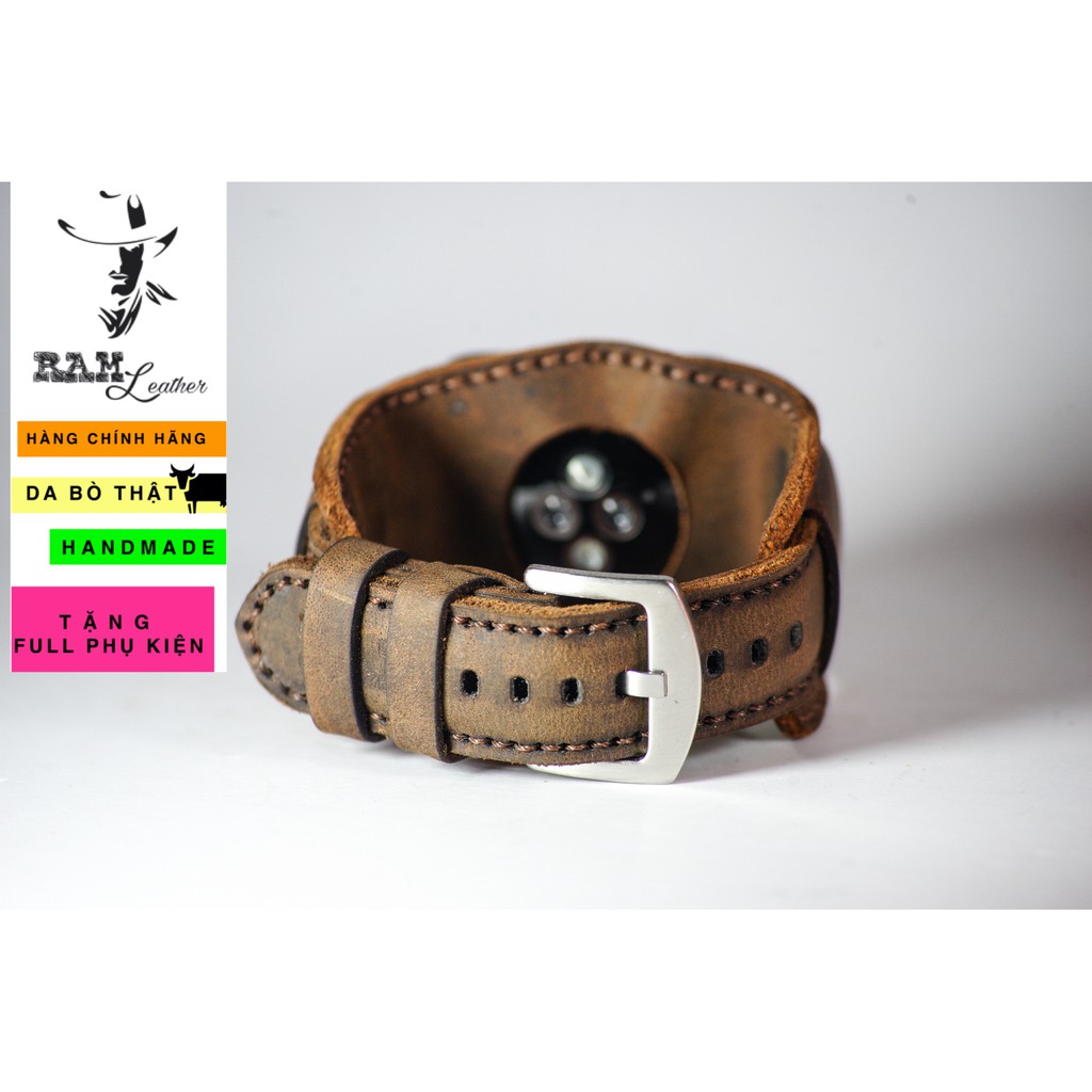 Dây Apple Watch , iWatch , iphone Watch da bò nâu đất kèm tấm đệm chống mồ hôi RAM Leather Bundstrap b2 kiểu quân đội