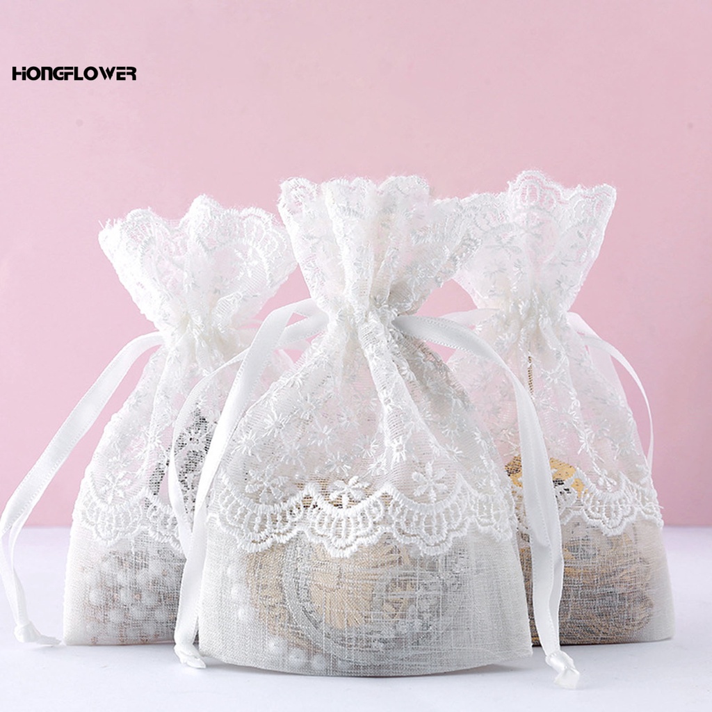 Hongflower Túi dây rút Mini vải Organza phối ren lưới nhỏ gọn nhẹ đẹp mắt