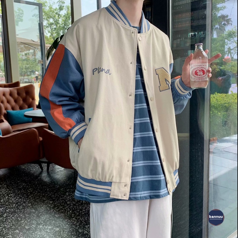 Áo khoác bóng chày nam thời trang cá cho quần áo nam sơn thường áo khoác 2 lớp Sọc áo khoác varsity jacket from rộng áo bóng chày nữ