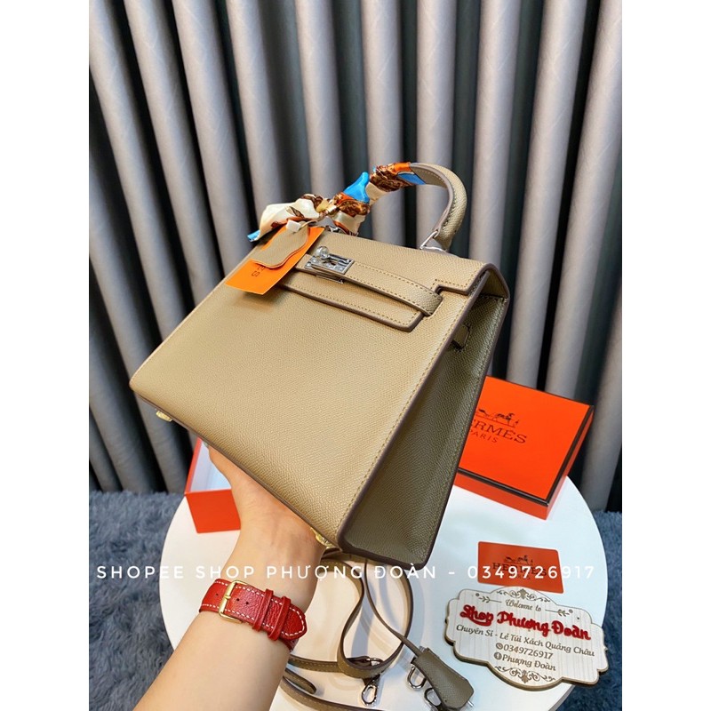 [KL25 FULL BOX]Túi da sần khoá trăng size 25cm tặng kèm khăn lụa
