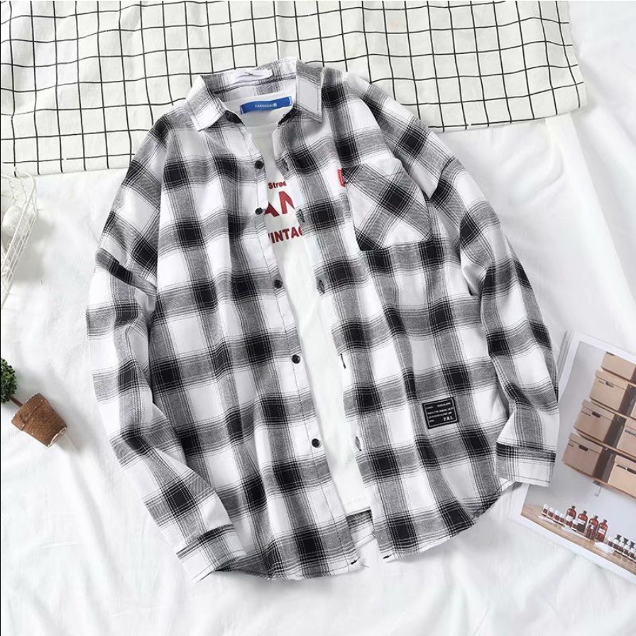 Áo Khoác Sơ Mi Caro Tay Dài Dáng Rộng Trẻ Trung Phong Cách Hàn Quốc Cho Nam