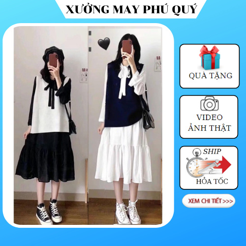 Set váy babydoll kèm áo gile,váy ulzzang dáng dài mix áo gile suông