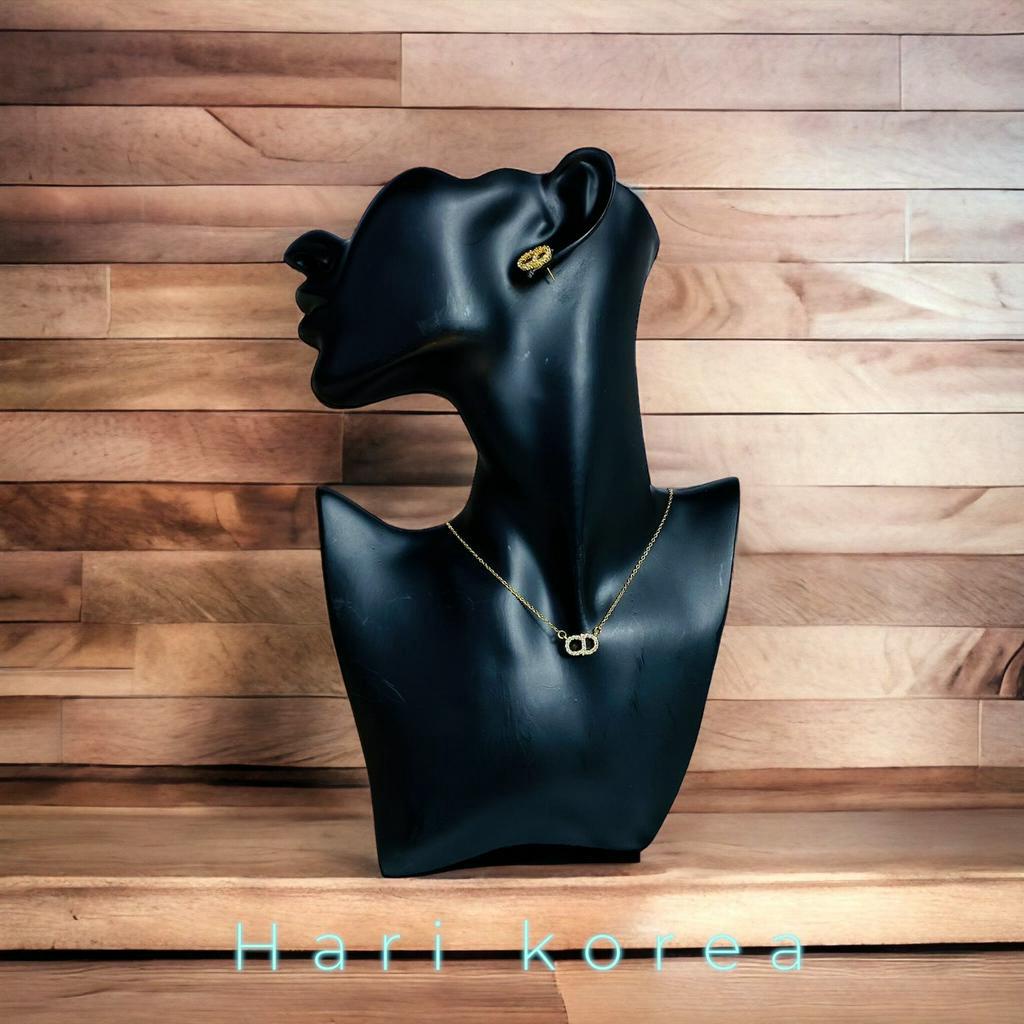 Sét trang sức Cd titan, Vòng cổ &amp; khuyên tai đính đá, phụ kiện trang sức nữ Hari korea accessories