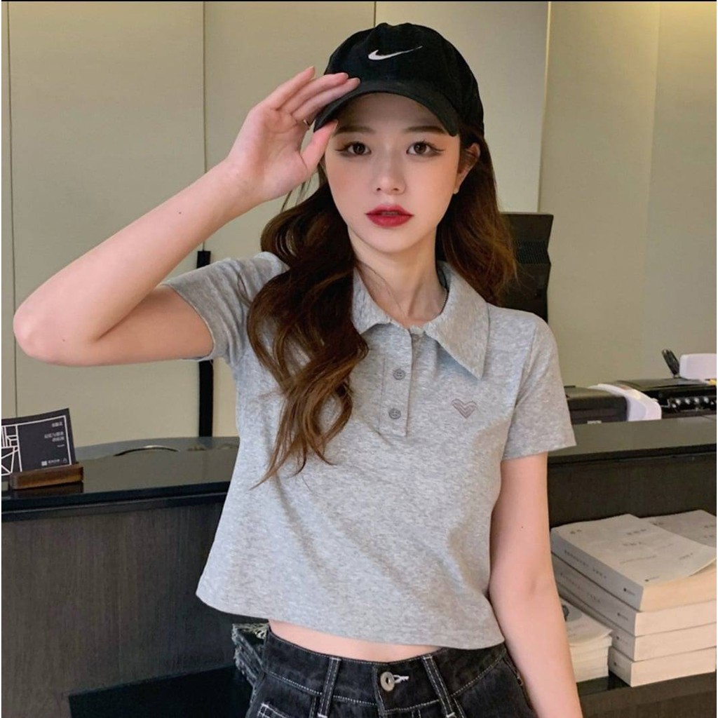 CROP POLO BASIC THÊU TIM