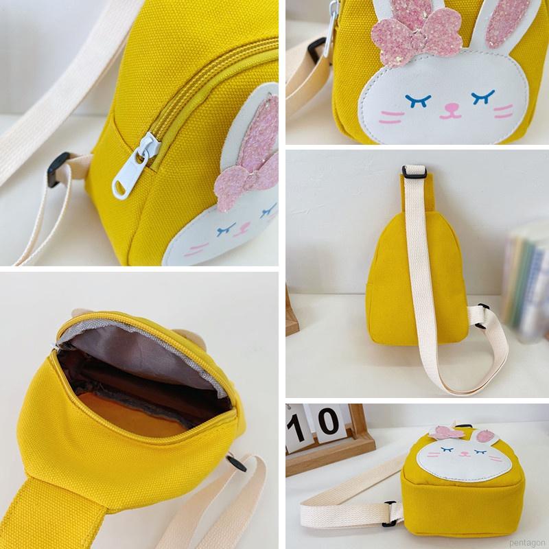 Túi đeo chéo vải canvas họa tiết thỏ hoạt hình dễ thương có thể điều chỉnh cho bé gái