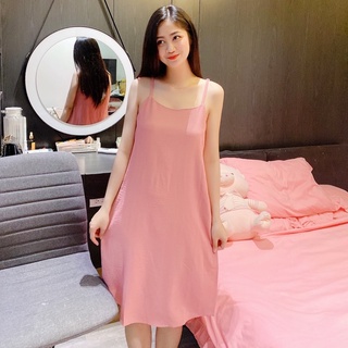 Váy 2 dây dáng suông chất đũi lụa trơn basic nữ