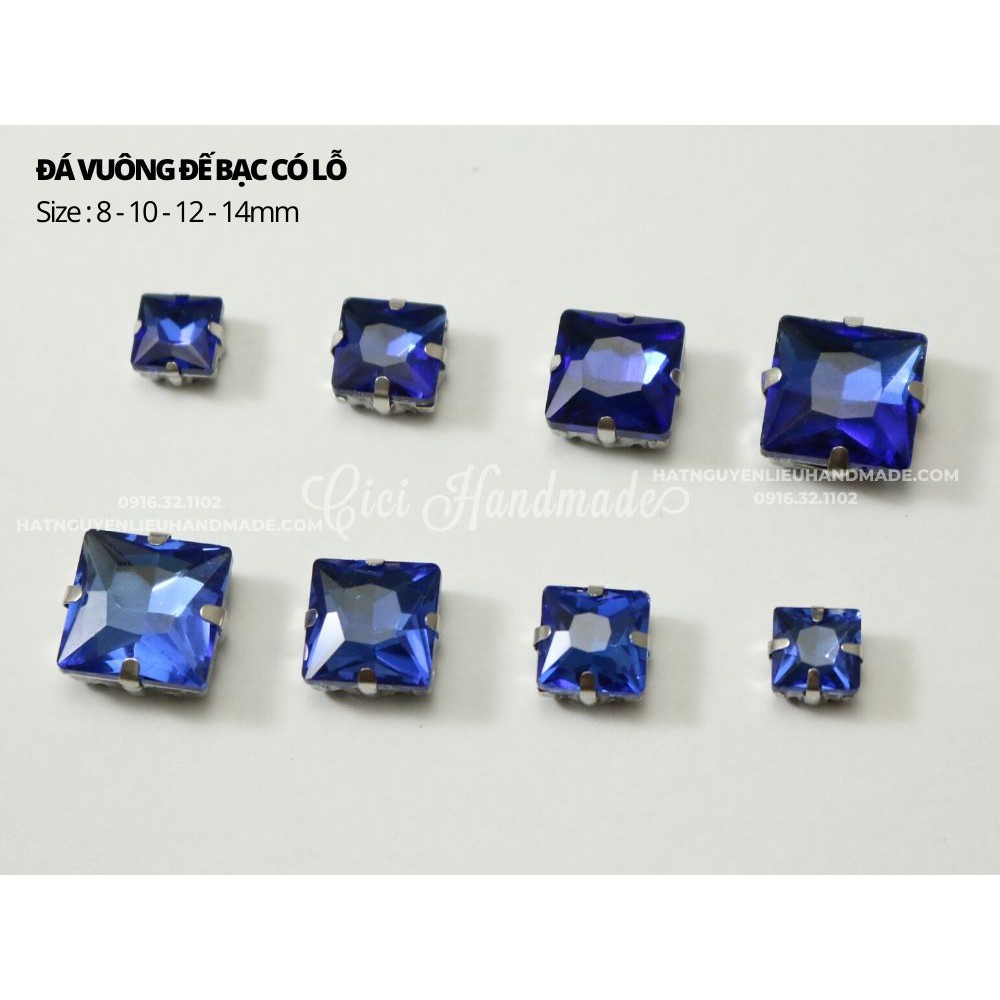 Set 10 hạt đá vuông đế bạc có lỗ khâu size 8mm và 10mm Cici Handmade chuyên pha lê cườm trang sức