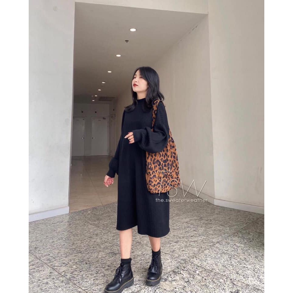 Váy Nỉ Dáng Suông Bo Tay 🌺 Váy len nữ dáng suông 2 màu basic ĐEN | TRẮNG style Ulzzang SIÊU HOT 🌺